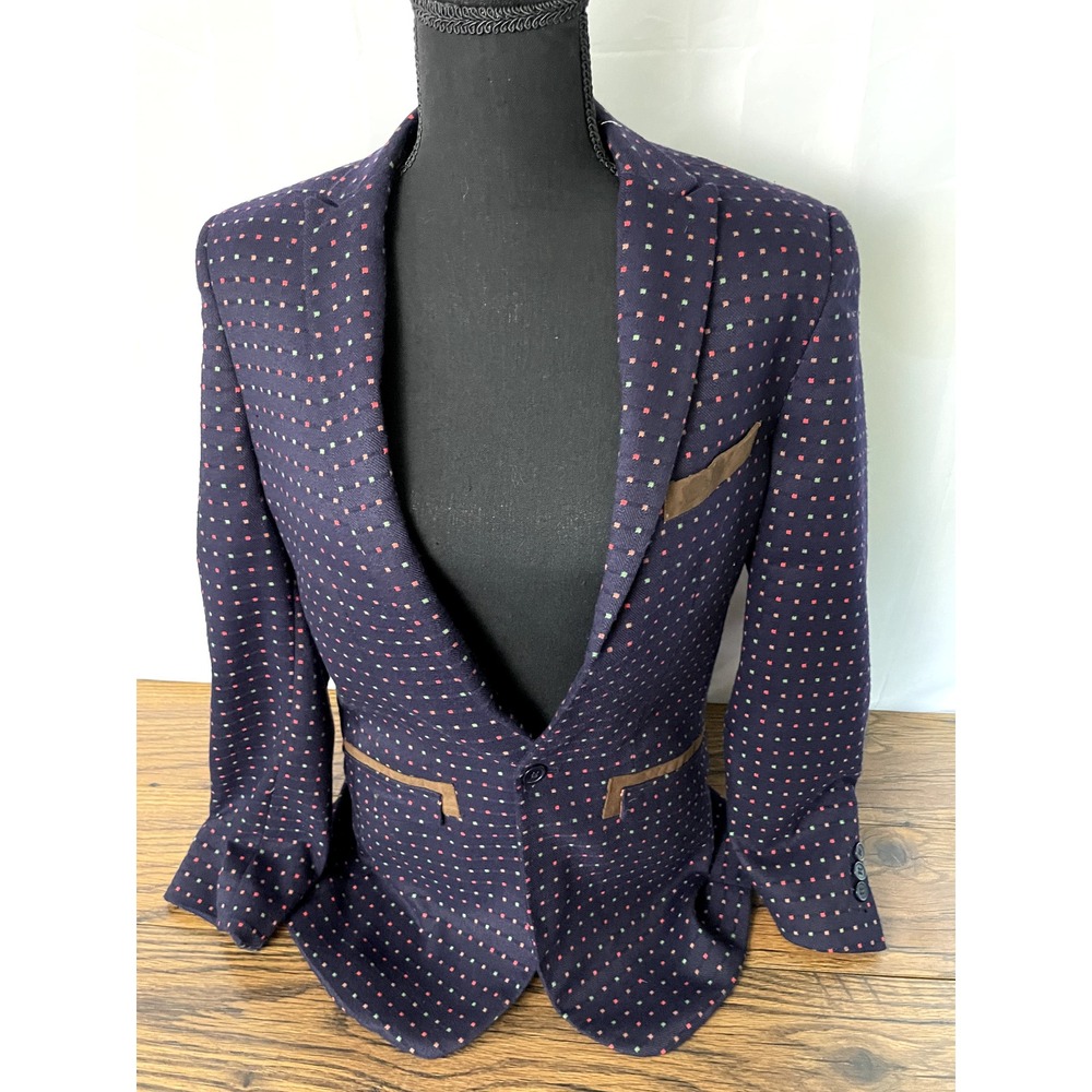 JAMES MORGAN Boys‎ Dotted Blazer Size 18 Blue Brown Trim Prom Formal Jacket